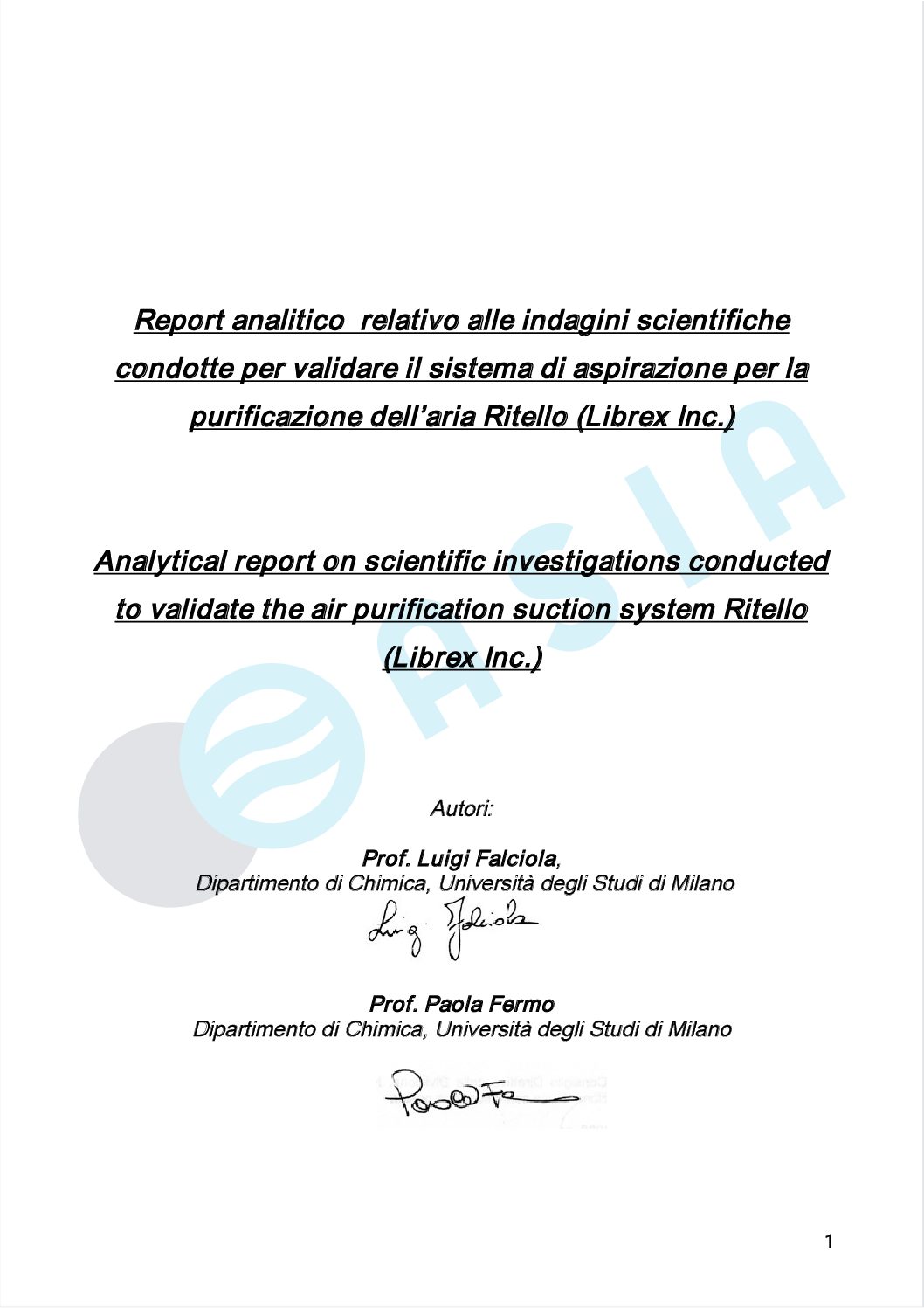 Report analitico relativo alle indagini scientifiche condotte per validare il sistema di aspirazione per la purificazione dell'aria Ritello